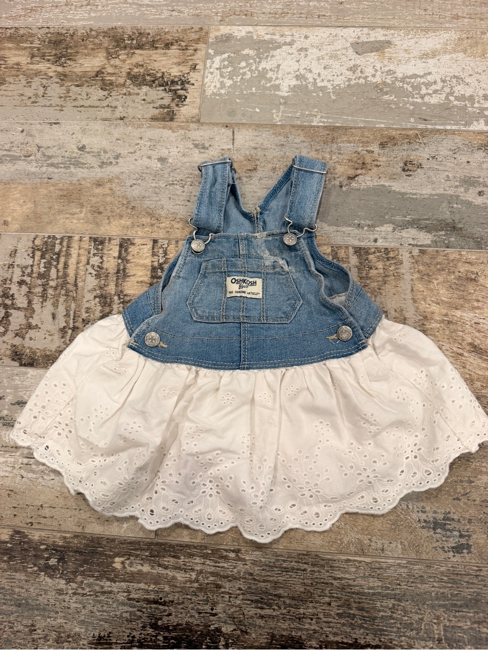 OshKosh B'gosh Light Blue Denim Overall Dress with White Eyelet Skirt